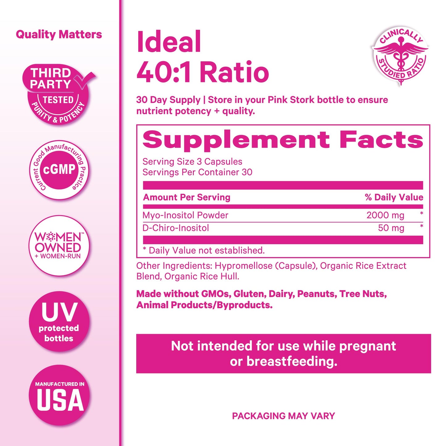 Pink Stork Inositol Supplement for Women 40:1 Myo & D-Chiro, 30 Count | Clinically Studied Ratio to Support Hormone Balance, Healthy Ovulation, Cycle Regularity & Fertility