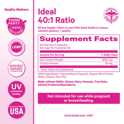 Pink Stork Inositol Supplement for Women 40:1 Myo & D-Chiro, 30 Count | Clinically Studied Ratio to Support Hormone Balance, Healthy Ovulation, Cycle Regularity & Fertility