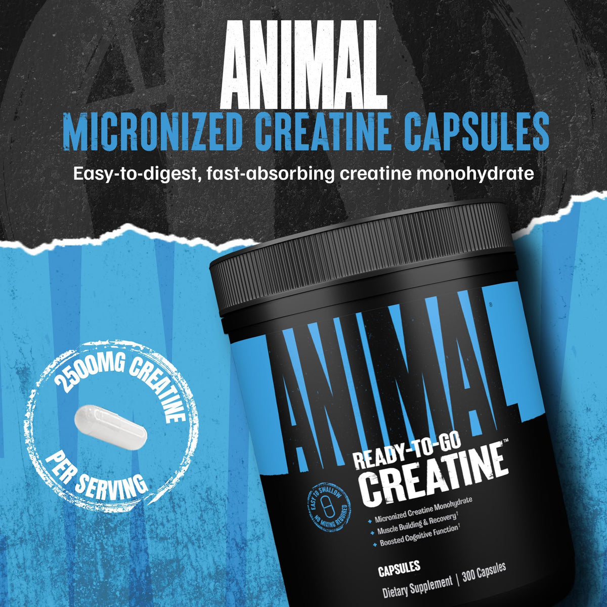 Animal Micronized Creatine Monohydrate Capsules - 300 Caps, 2500mg per Serving to Support Muscle Growth, Endurance, ATP Production, Cognitive Function, Strength Animal