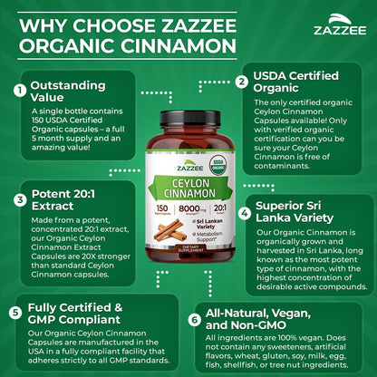 Zazzee USDA Organic Ceylon Cinnamon 20:1 Extract, 150 Capsules, Sri Lankan | Vegan, 5 Month Supply, Cinnamomum Verum, Antioxidant & Metabolic Support, All-Natural, Non-GMO, Made in the USA Gsupps Australia