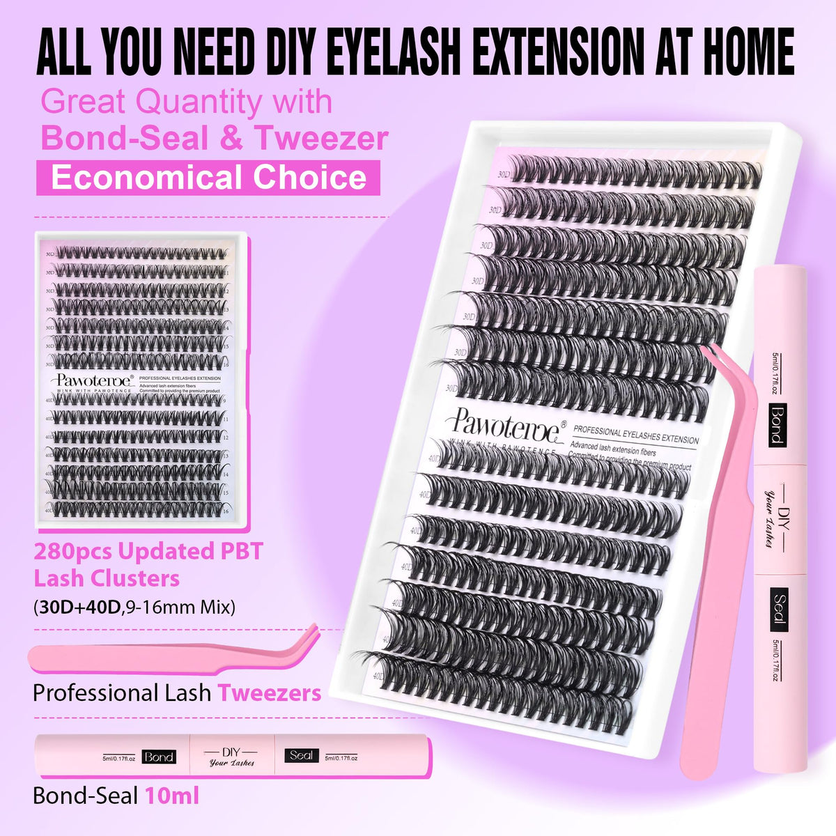Pawotence Lash Extension Kit DIY 280pcs Lash Clusters Eyelash Extension Kit, 9-16mm 30D 40D Individual Lashes Kit with Lash Bond and Seal, Lash Tweezers for Self Use (30D&40D, 0.07D, 9-16mm, Kit) Pawotence
