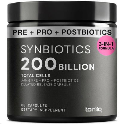 Toniiq Prebiotics and Probiotics – 200B CFU Synbiotic with Postbiotics IMMUSE® & ButyraGen® – 30 Strains for Gut & Digestive Health – Shelf-Stable Toniiq