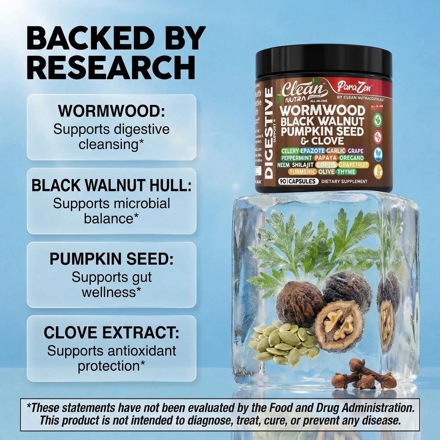 Clean Nutra Wormwood Black Walnut Pumpkin Seed Clove Oil Celery Garlic Grape Papaya Neem Diatomaceous Earth Womens Probiotic Gut Health Cleanse Detox Oregano Clean Nutraceuticals
