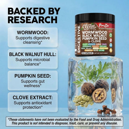 Clean Nutra Wormwood Black Walnut Pumpkin Seed Clove Oil Celery Garlic Grape Papaya Neem Diatomaceous Earth Womens Probiotic Gut Health Cleanse Detox Oregano Clean Nutraceuticals