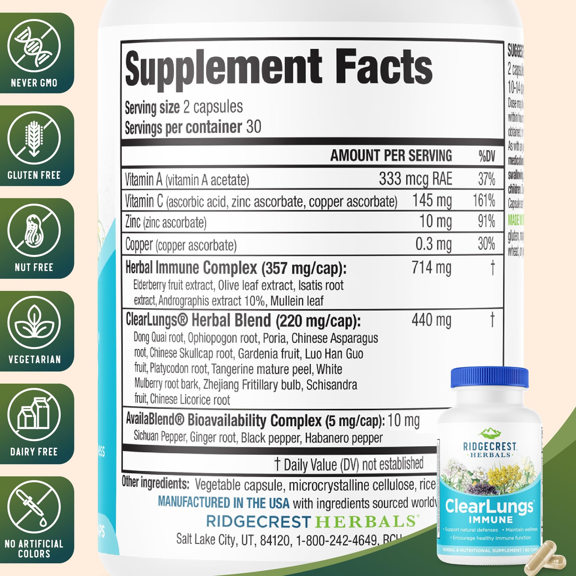 RidgeCrest Herbals ClearLungs Immune, Lung Support Supplement with Elderberry, Zinc, Vitamin C, Vitamin A, Olive Leaf, Mullein, Lung Wellness Formula for Respiratory Health (60 Vegan Caps, 30 Serv) RidgeCrest Herbals buy australia supplements