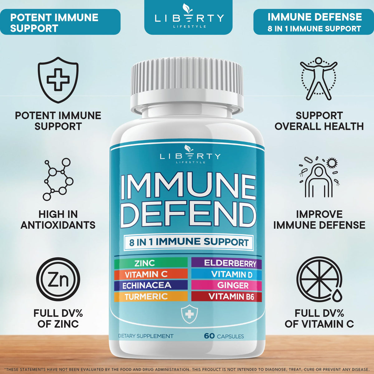 8 in 1 Immune Defense Support, Immunity Vitamins Supplement Booster Zinc 50mg, Vitamin C Elderberry VIT D3 5000 IU, Turmeric Curcumin & Ginger Liberty Lifestyle
