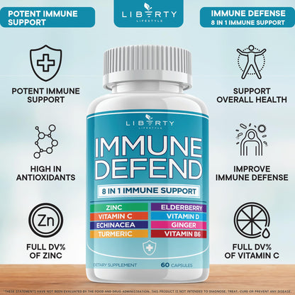 8 in 1 Immune Defense Support, Immunity Vitamins Supplement Booster Zinc 50mg, Vitamin C Elderberry VIT D3 5000 IU, Turmeric Curcumin & Ginger Liberty Lifestyle