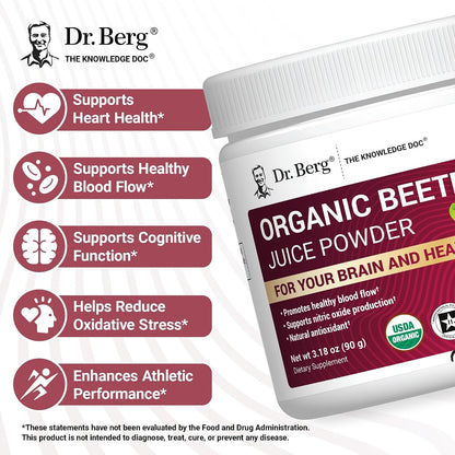 Dr. Berg Raw Organic Beet Powder from Real Earth-Grown Beets – USDA Certified Organic Beet Root Powder to Support Nitric Oxide Levels, Energy, Blood Flow, & Heart Health* – 30 Servings