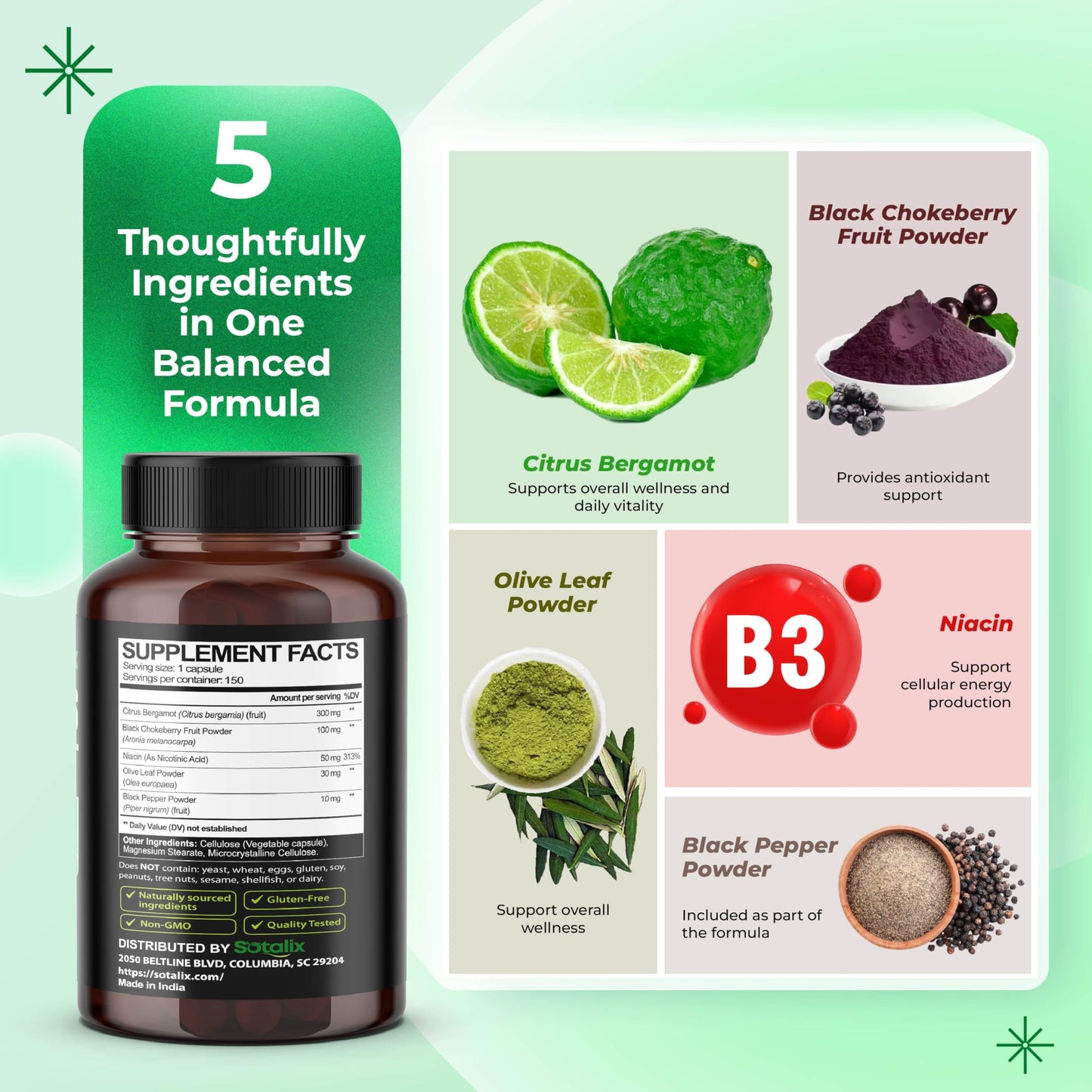 Premium Citrus Bergamot Organic Bergamot Supplement with Niacin Black Chokeberry Olive Leaf Black Pepper SOTALIX SUPPLEMENT