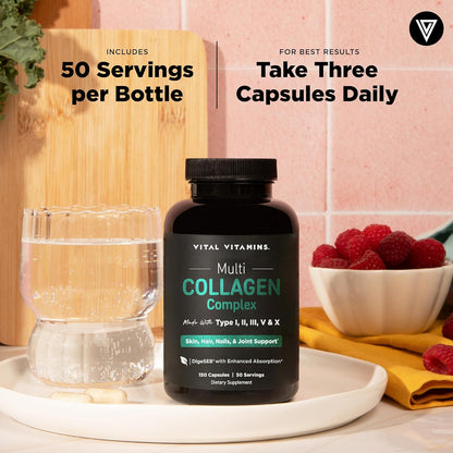 Vital Vitamins Multi Collagen Peptides Complex for Women & Men, 150 Pills | Supports Skin, Hair & Nails, 5 Collagen Types I II III V & X, Grass-Fed Non-GMO Collagen Supplements Gsupps Australia