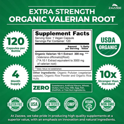 Zazzee USDA Organic Valerian Root 10:1 Extract, 120 Vegan Capsules | 4 Month Supply, Relaxation, Calm & Mood Support, Valeriana Officinalis, All-Natural, Non-GMO, Made in the USA Gsupps Australia