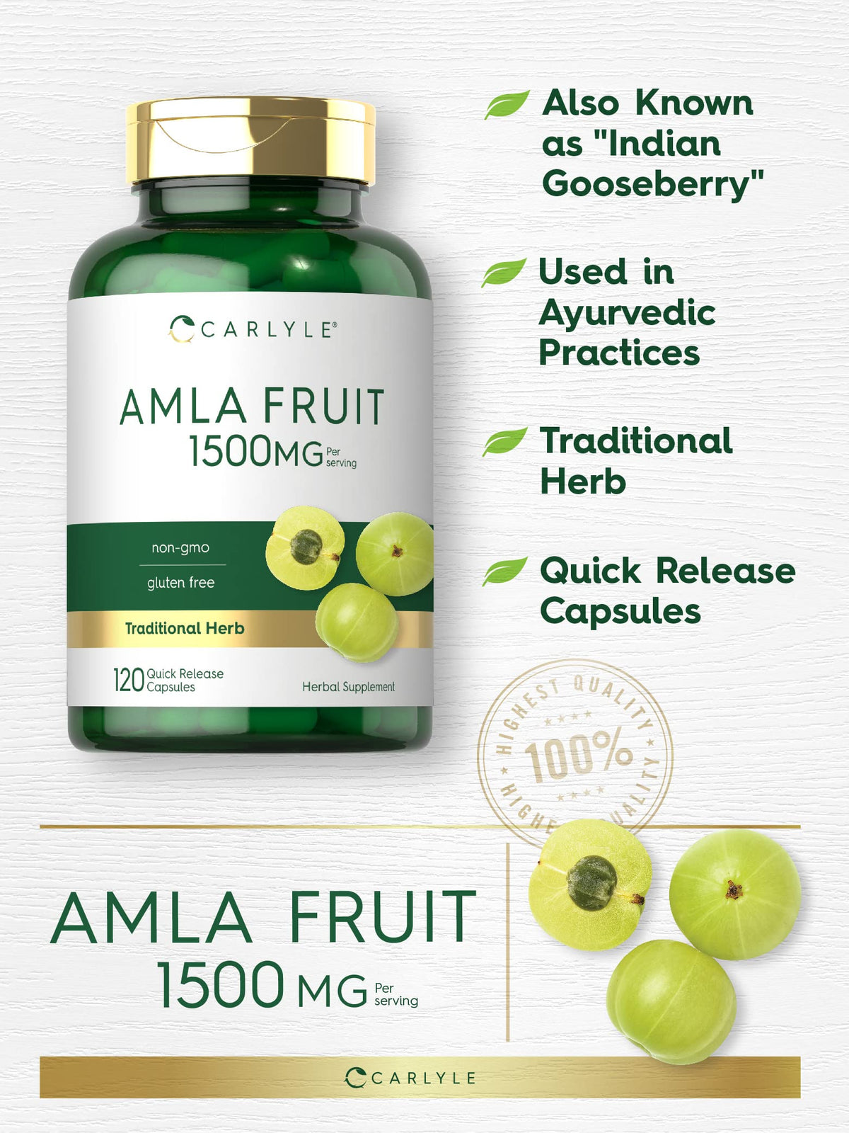 Carlyle Amla Capsules 1500mg | 120 Count | Amalaki Fruit | Herbal Extract Supplement | Non-GMO and Gluten Free Carlyle