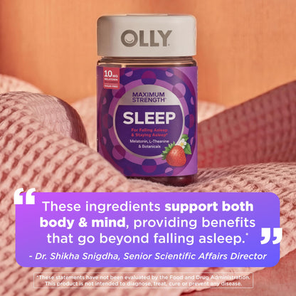 OLLY Max Strength Sleep Gummy, 10mg Melatonin, L-Theanine, Chamomile, Lemon Balm, Sugar Free, Vegetarian Sleep Aid, Strawberry - 70 Count OLLY