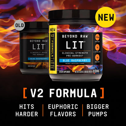 BEYOND RAW LIT V2 Clinical Strength Pre Workout Powder, Hits Harder, Bigger Pumps, Caffeine, L-Citrulline, Creatine, Blue Raspberry, 30 Servings BEYOND RAW