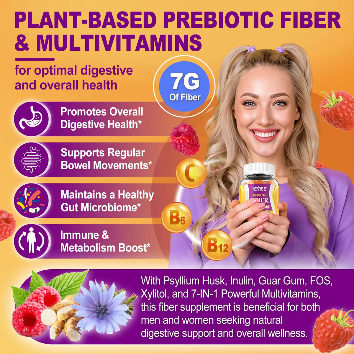 Fiber Gummies for Adults with Psyllium Husk, 7G(Soluble + Insoluble) Daily Prebiotic Fiber with Inulin, FOS, Guar Gum, Multivitamins for Daily Digestive Health, NEVISS