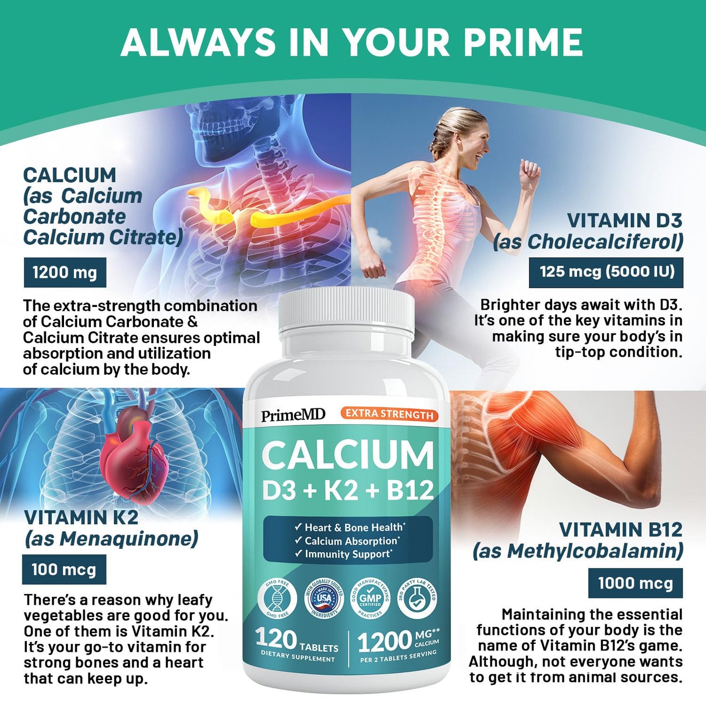 4-in-1 Calcium 1200 mg with Vitamin D3 K2 - Extra Strength Calcium Supplements for Women & Men with D3 K2 Vitamin 5000 IU - Everyday Vitality Supplement PrimeMD