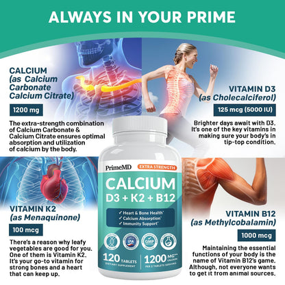 4-in-1 Calcium 1200 mg with Vitamin D3 K2 - Extra Strength Calcium Supplements for Women & Men with D3 K2 Vitamin 5000 IU - Everyday Vitality Supplement PrimeMD