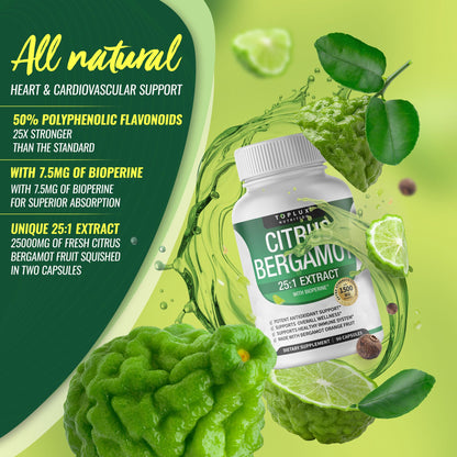 Citrus Bergamot Supplement 1500mg - 25:1 Bergamot Extract to Support Overall Health, Immune System, Potent Antioxidant High Absorption Natural Toplux
