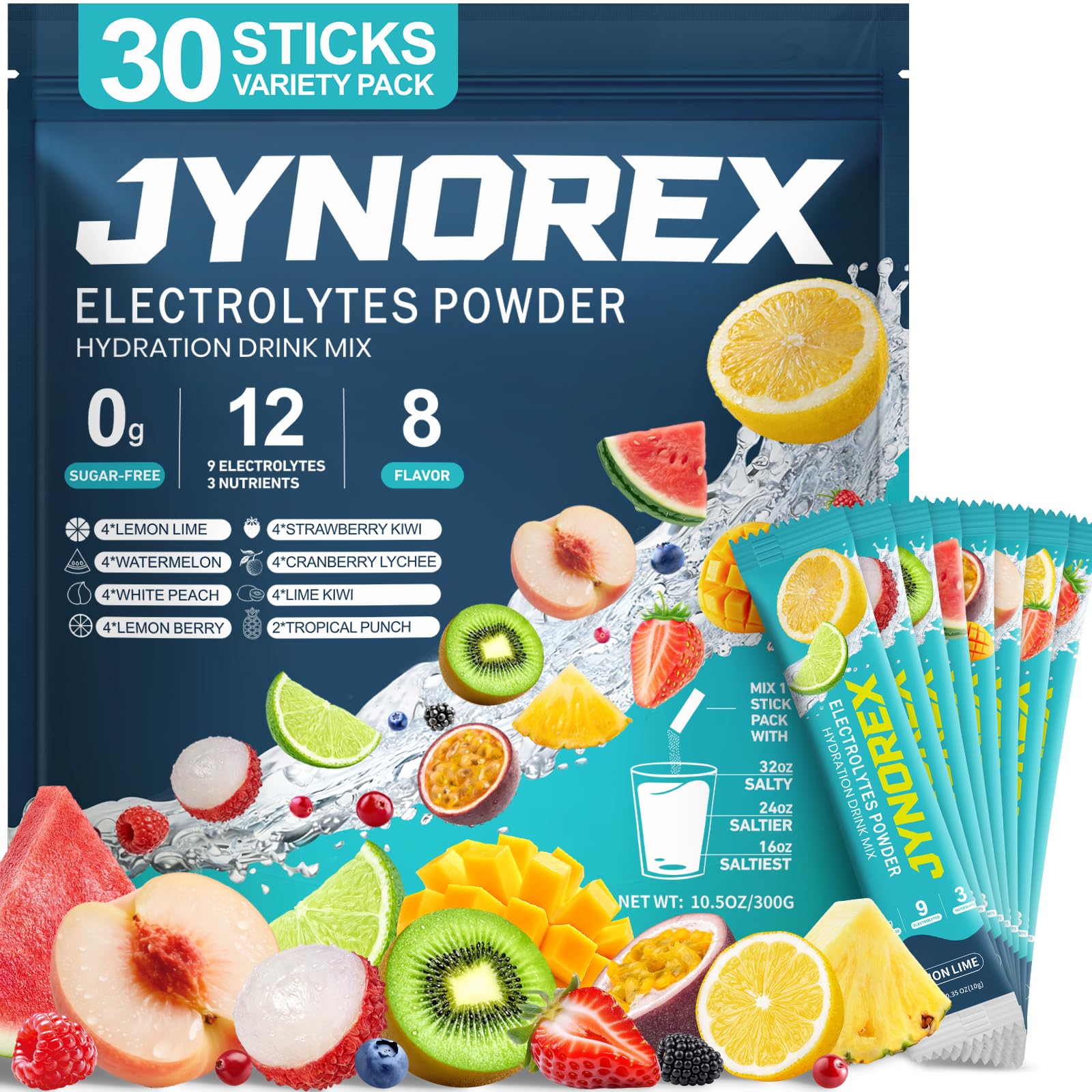 JYNOREX Electrolytes Powder Packets Sugar Free, 30 Sticks High Sodium Hydration Packets, Electrolyte Drink Mix with Lemon Lime Watermelon Peach Berry Kiwi JYNOREX buy australia supplements