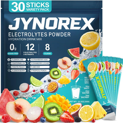 JYNOREX Electrolytes Powder Packets Sugar Free, 30 Sticks High Sodium Hydration Packets, Electrolyte Drink Mix with Lemon Lime Watermelon Peach Berry Kiwi JYNOREX