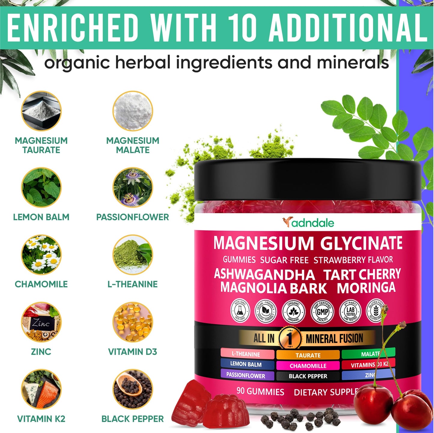 Adndale Magnesium Glycinate 400 mg Gummies with Ashwagandha, Magnesium Malate & Taurate, Tart Cherry, Magnolia Bark, Lemon Balm, Passionflower Adndale