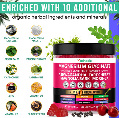 Adndale Magnesium Glycinate 400 mg Gummies with Ashwagandha, Magnesium Malate & Taurate, Tart Cherry, Magnolia Bark, Lemon Balm, Passionflower Adndale