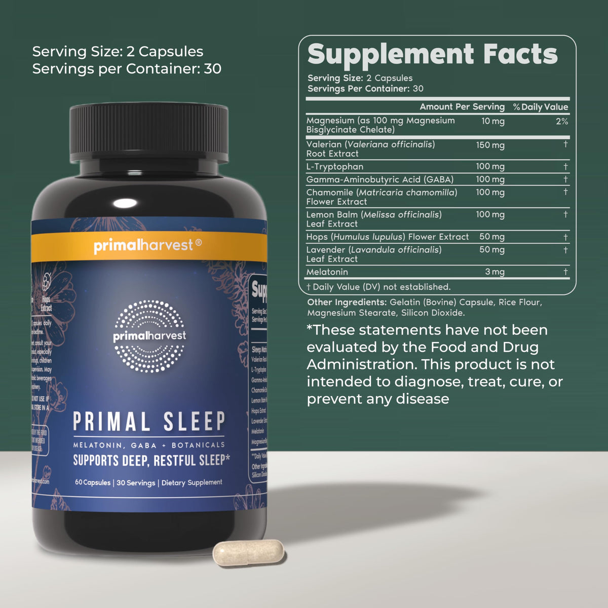 Primal Harvest Primal Sleep Support Supplement for Adults with Melatonin, GABA, Valerian Root, L-Tryptophan, Magnesium Bisglycinate Chelate Primal Harvest