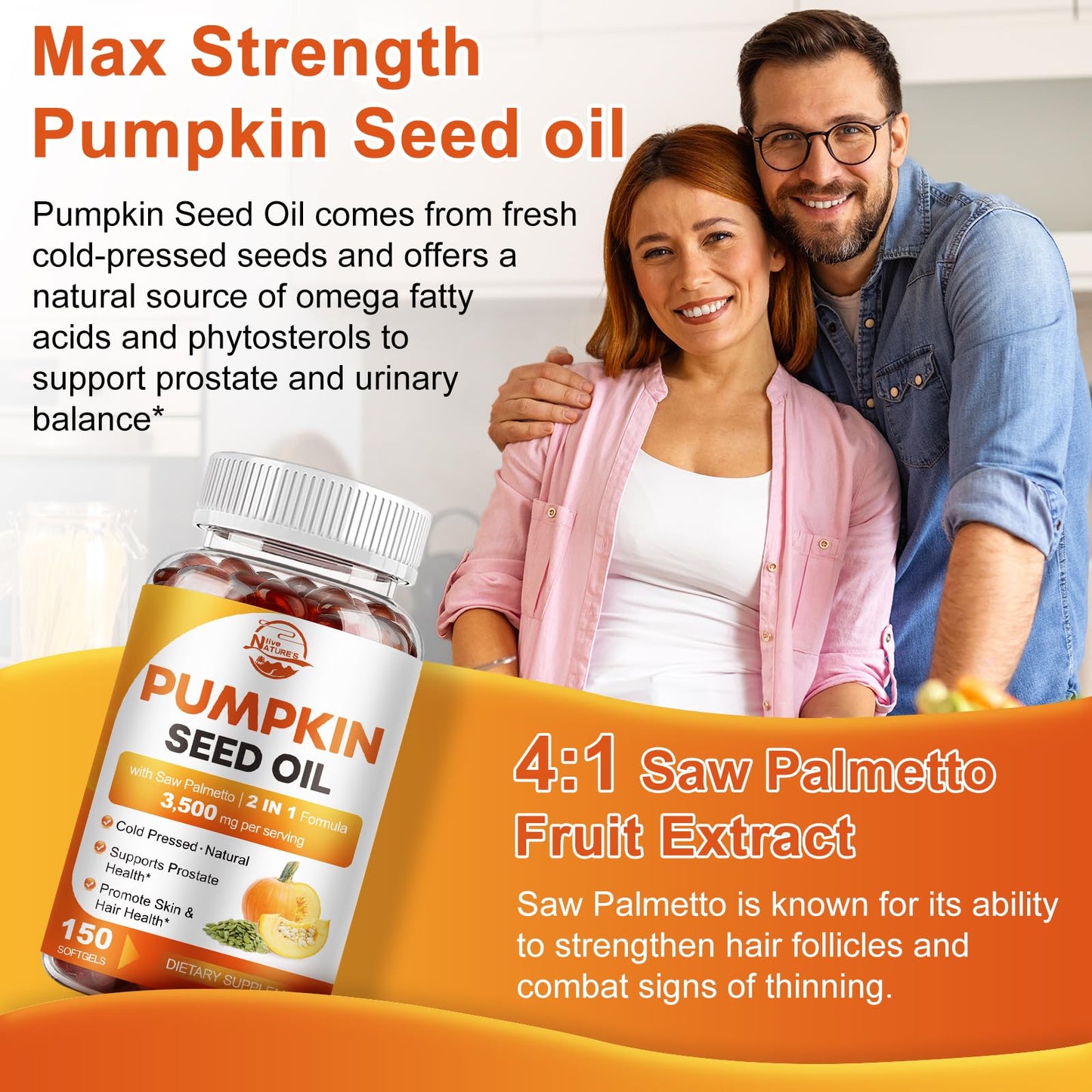 Pumpkin Seed Oil with Saw Palmetto, 3500mg Max Strength per Serving, 150 Softgels, Cold-Pressed with Essential Fatty Acids & Phytosterols, Supports Immune Nature's live
