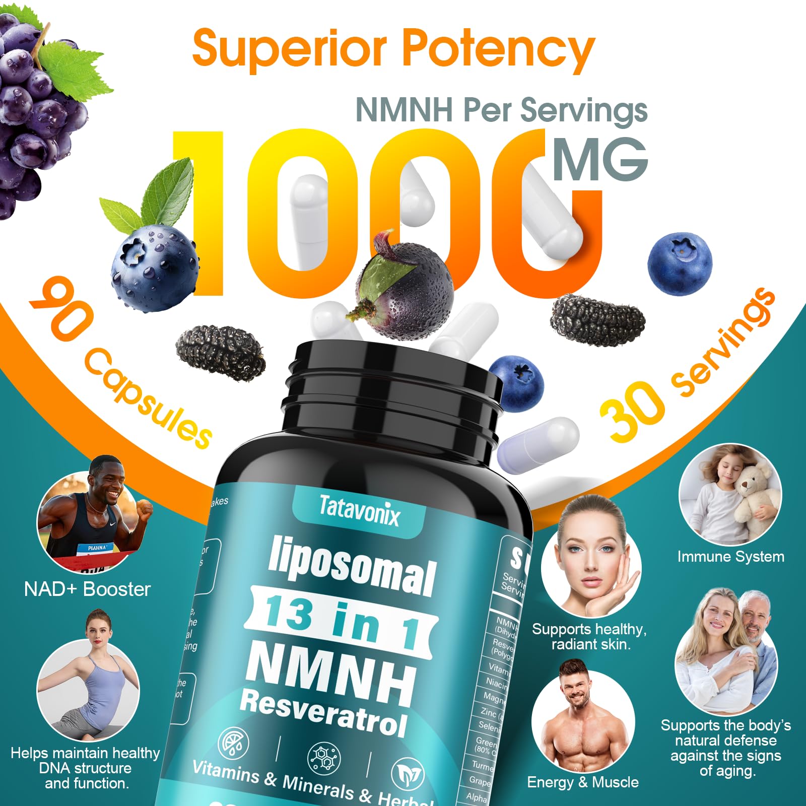 13 in 1 NMNH (Dihydronicotinamide Mononucleotide) 1000mg Per Serving, NMN Supplement Alternative with Liposomal NAD+ and Resveratrol, Non-GMO, Gluten-Free – for Anti-Aging, Energy, Focus – 90 Capsules Tatavonix buy australia supplements