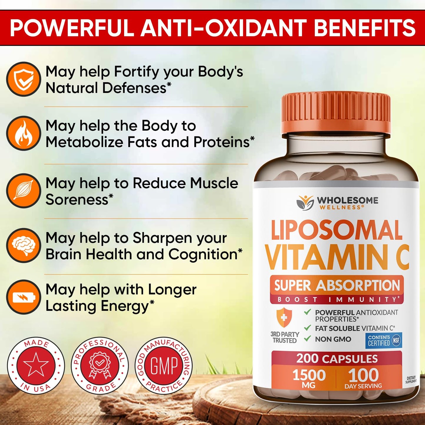 Wholesome Wellness Liposomal Vitamin C Capsules (200 Pills 1500mg Buffered) High Absorption, Immune System & Collagen Booster, High Dose Fat Soluble Immunity Wholesome Wellness