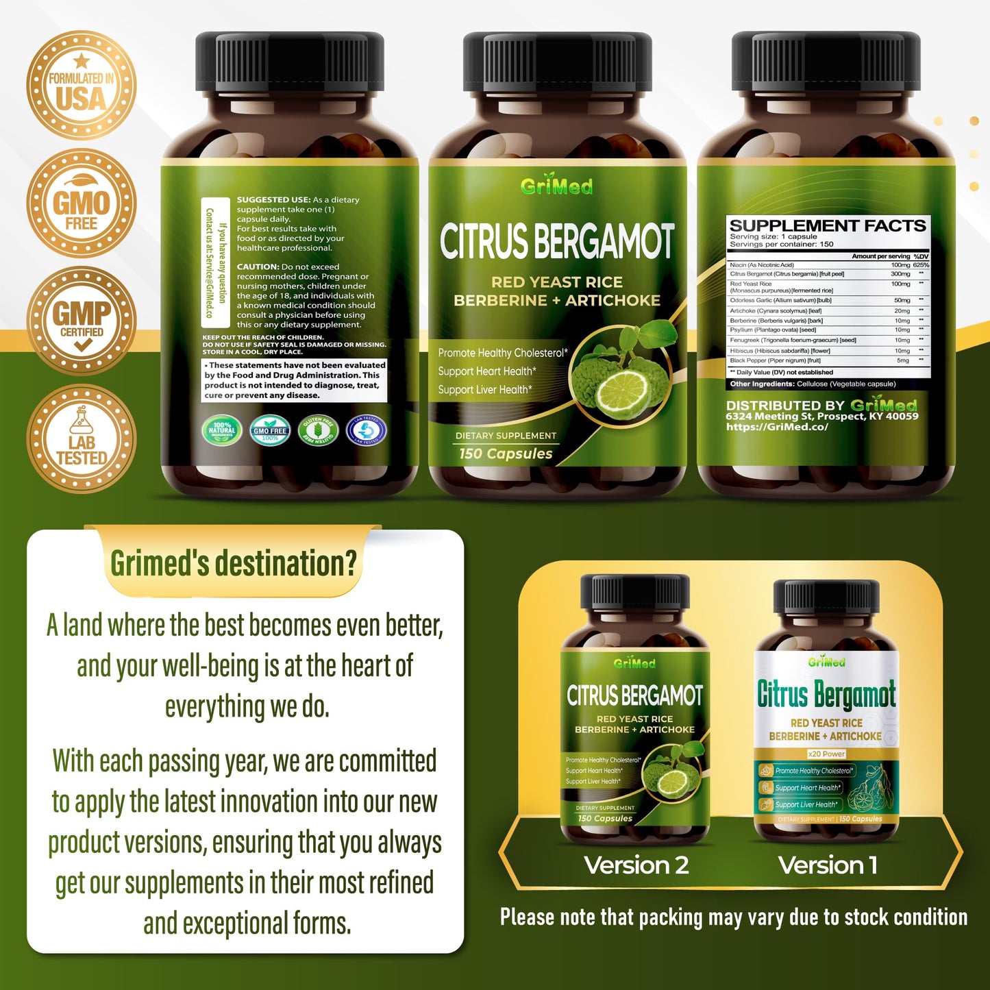 Citrus Bergamot with Red Yeast Rice, Garlic, Artichoke for Healthy Cholesterol, Heart Health (150 Count (Pack of 1)) GriMed