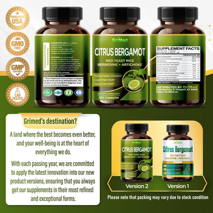 Citrus Bergamot with Red Yeast Rice, Garlic, Artichoke for Healthy Cholesterol, Heart Health (150 Count (Pack of 1)) GriMed