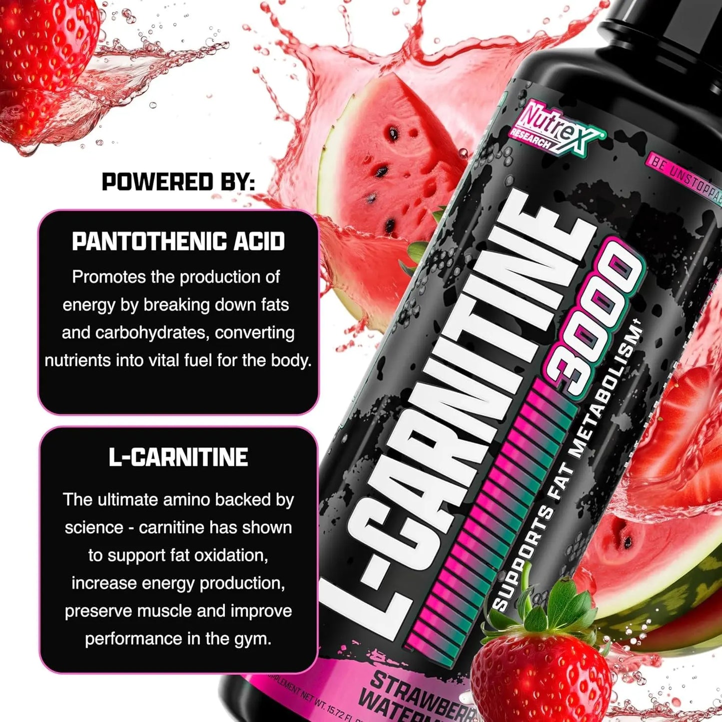 Nutrex Research L Carnitine 3000 - Clinically Dosed L-Carnitine Liquid for Energy, Metabolism & Muscle Recovery - Delicious Strawberry Watermelon - No Sugar, No Carbs Nutrex Research