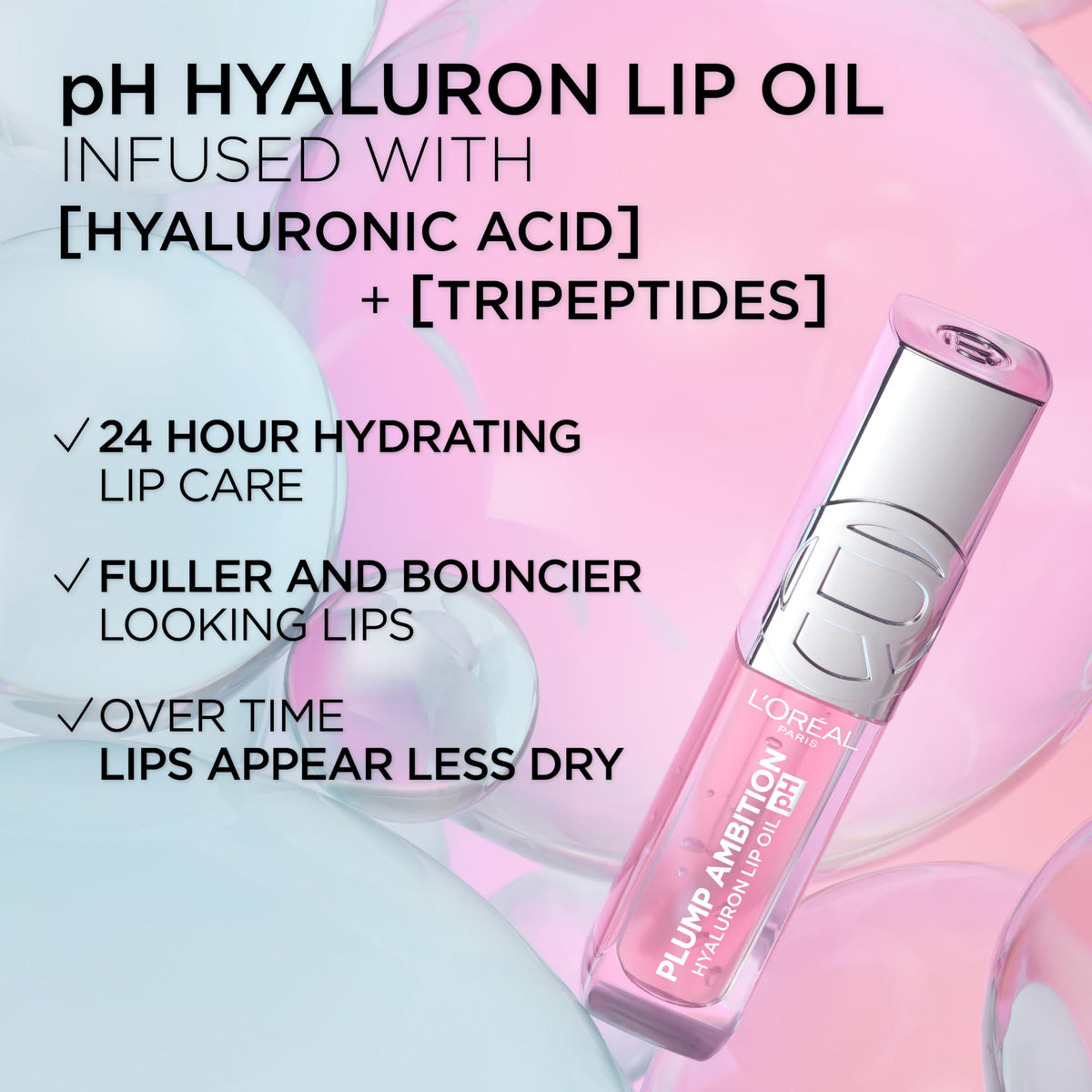 L'Oreal Paris Plump Ambition pH Hyaluron Lip Oil, Color Shifting Lip Tint with 24HR Hydration, Volumizing Shine and Lasting Color, 020 pH Rosé L'Oreal Paris