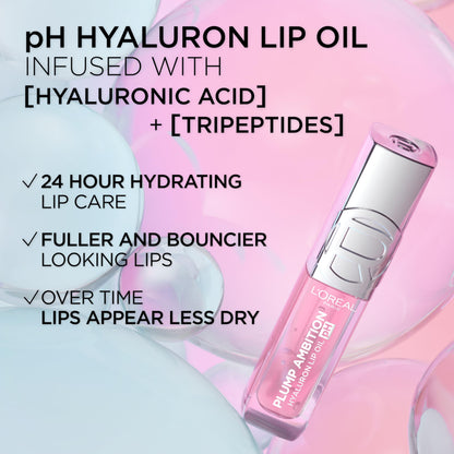 L'Oreal Paris Plump Ambition pH Hyaluron Lip Oil, Color Shifting Lip Tint with 24HR Hydration, Volumizing Shine and Lasting Color, 020 pH Rosé L'Oreal Paris