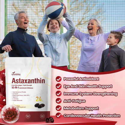 10 in 1 Astaxanthin Supplements 24mg, 4 Month Supply, Astaxantina Antioxidant from Fresh Haematococcus Pluvialis, Contains Lycopene, Grape Seed, Vitamin E VivoNu