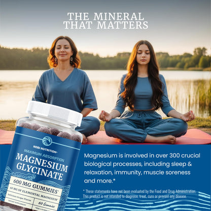 Magnesium Glycinate Gummies 600MG | Sleep, Calm & Relaxation Support | 60MG Elemental Mag Per Serving | Grape Flavor, Gluten-Free | High Absorption Magnesium Gummies for Women, Men & Family | 60 Ct Nobi Nutrition