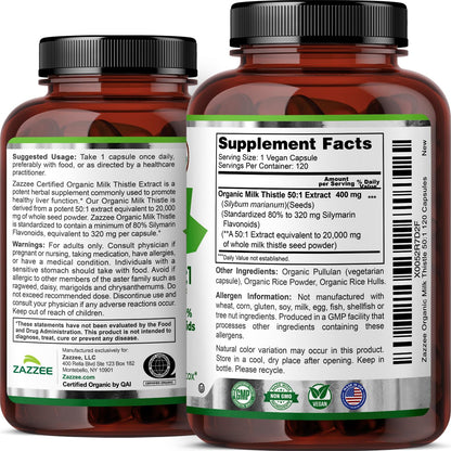 Zazzee USDA Organic Milk Thistle 50:1 Extract, 200 Vegan Capsules | 80% Silymarin Flavonoids, 6+ Month Supply, Silybum Marianum, Liver Support & Detox Support, All-Natural, Non-GMO, Made in USA Gsupps Australia