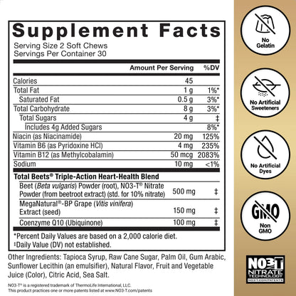Force Factor Total Beets Ultimate Heart Health Chews for Blood Pressure Support, with Beetroot Powder, CoQ10, B Vitamins & Grapeseed Extract for Blood Flow Force Factor