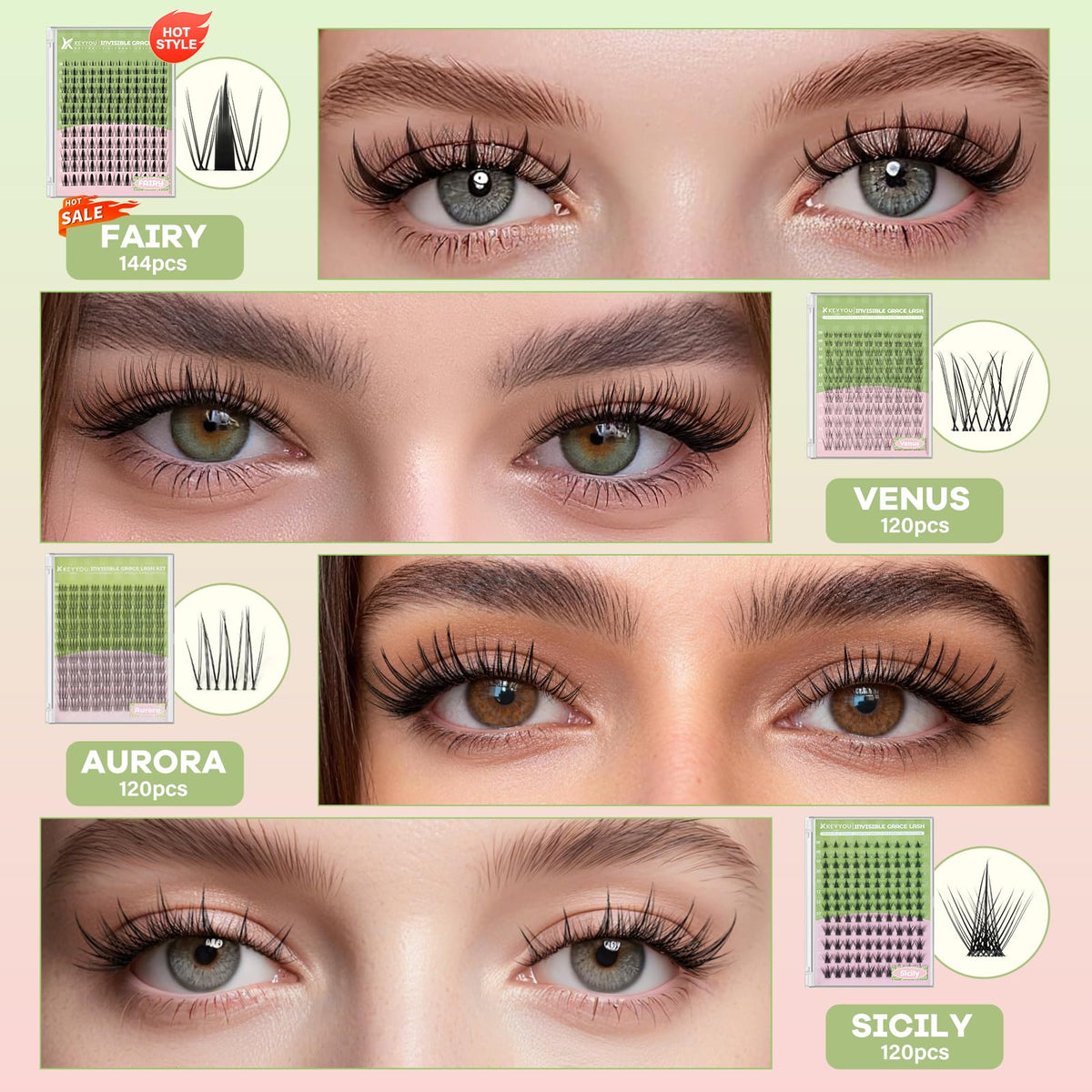 KEYYOU Natural Lash Clusters,Aurora Wispy Lashes,Seamless Mascara Look KEYYOU