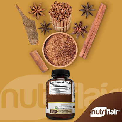 NutriFlair Organic Ceylon Cinnamon Supplement 1200mg, 120 Capsules - USDA Certified - Non-GMO, Gluten Free Powder, Antioxidant Pills NutriFlair