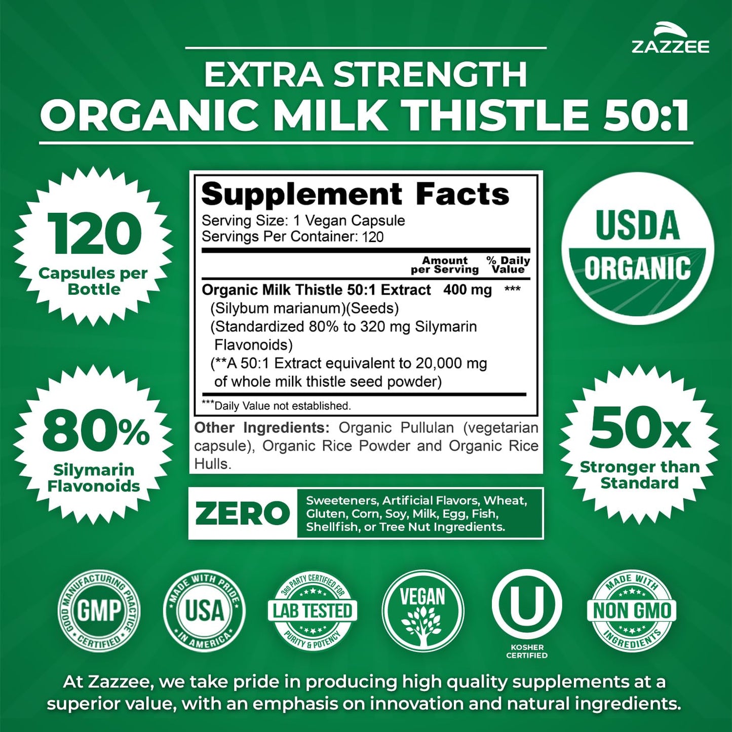 Zazzee USDA Organic Milk Thistle 50:1 Extract, 200 Vegan Capsules | 80% Silymarin Flavonoids, 6+ Month Supply, Silybum Marianum, Liver Support & Detox Support, All-Natural, Non-GMO, Made in USA Gsupps Australia