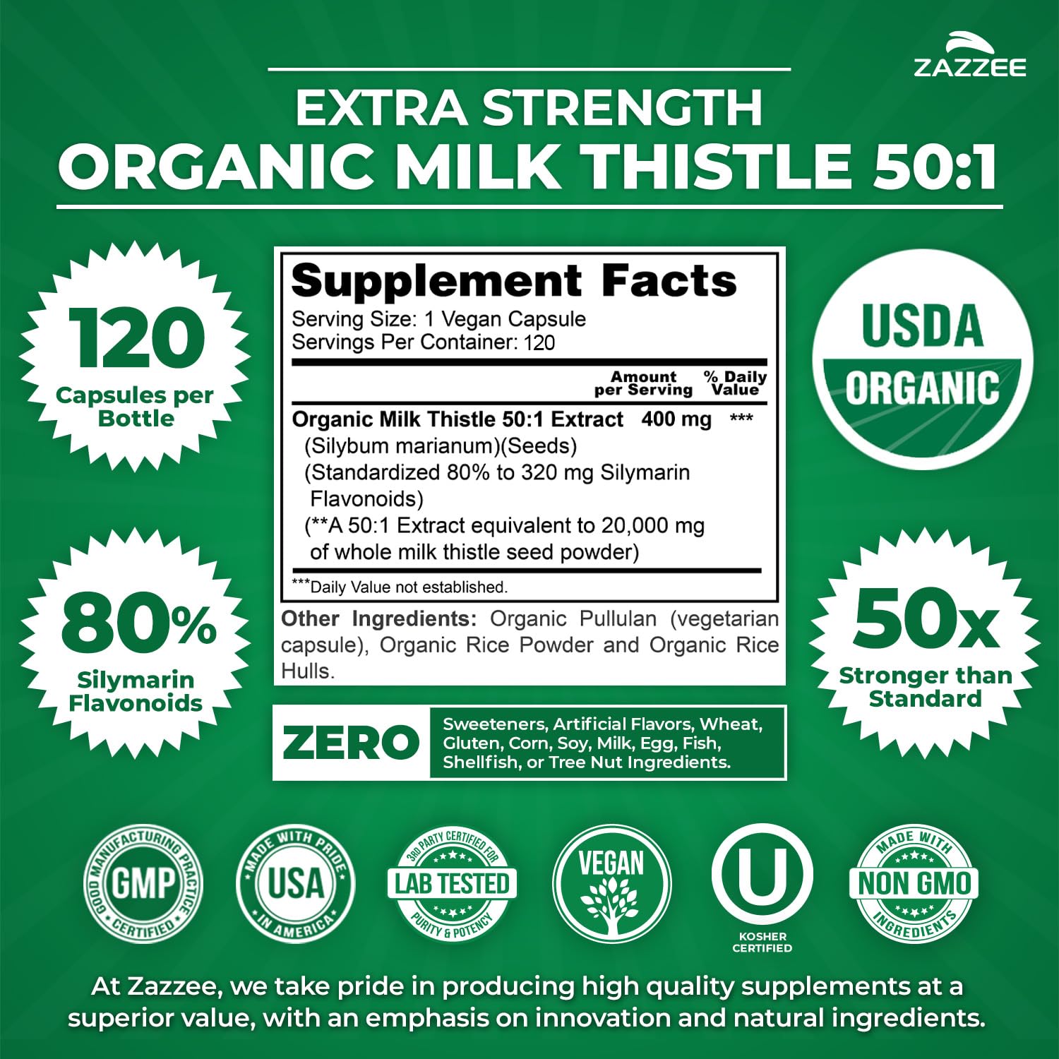 Zazzee USDA Organic Milk Thistle 50:1 Extract, 200 Vegan Capsules | 80% Silymarin Flavonoids, 6+ Month Supply, Silybum Marianum, Liver Support & Detox Support, All-Natural, Non-GMO, Made in USA Gsupps Australia