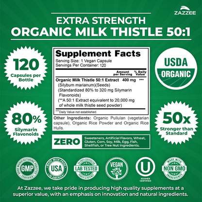 Zazzee USDA Organic Milk Thistle 50:1 Extract, 200 Vegan Capsules | 80% Silymarin Flavonoids, 6+ Month Supply, Silybum Marianum, Liver Support & Detox Support, All-Natural, Non-GMO, Made in USA Gsupps Australia