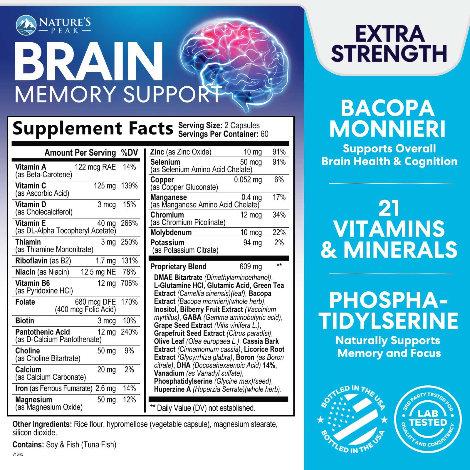 Brain Memory Supplement - 3X Strength Nootropics for Concentration, Clarity & Focus Support - Brain Health Cognitive Vitamins with Bacopa, Phosphatidylserine & DMAE, Brain Booster Pills, 120 Capsules Nature's Peak buy australia supplements