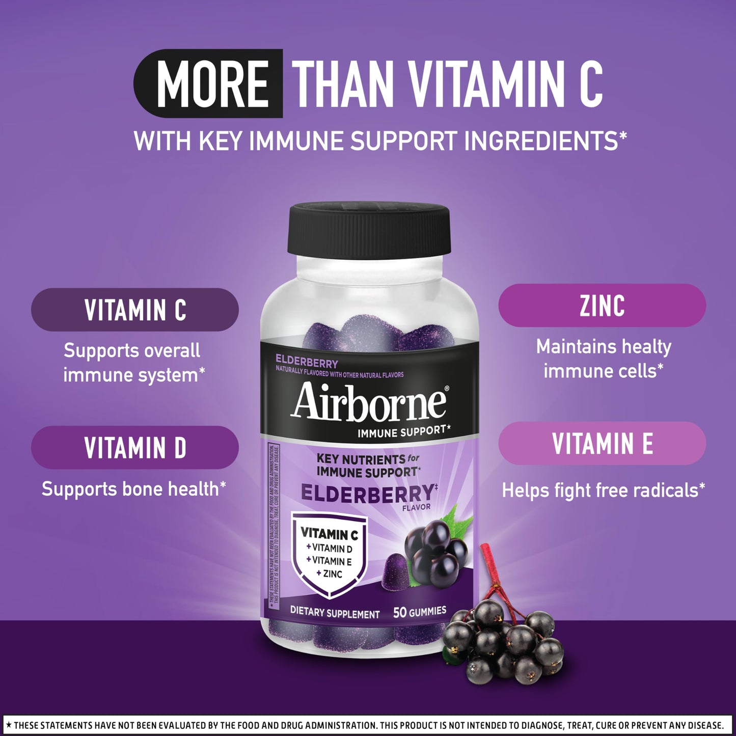 Airborne Elderberry + Zinc & Vitamin C Gummies For Adults, Immune Support Vitamin D & Zinc Gummies With Powerful Antioxidant Vitamins C D & E Airborne