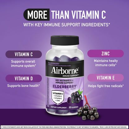 Airborne Elderberry + Zinc & Vitamin C Gummies For Adults, Immune Support Vitamin D & Zinc Gummies With Powerful Antioxidant Vitamins C D & E Airborne