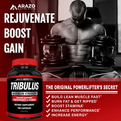 Arazo Nutrition Tribulus Terrestris 1500mg Extract Powder Per Serving – 180 Capsules - Energy Booster with Estrogen Blocker Gsupps Australia