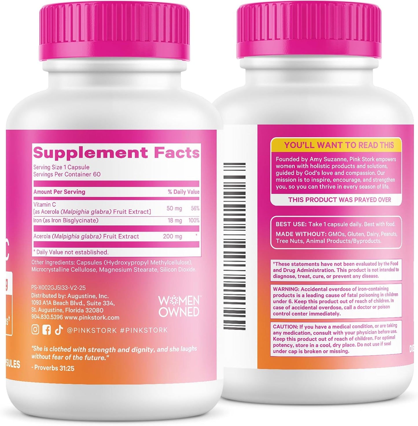Pink Stork Iron for Women with Vitamin C, 60 Capsules, 2-Month Supply | 18 mg Chelated Iron Bisglycinate + Vitamin C, Supports Energy, Focus + Oxygen, Pregnancy, Postpartum, PMS + Perimenopause