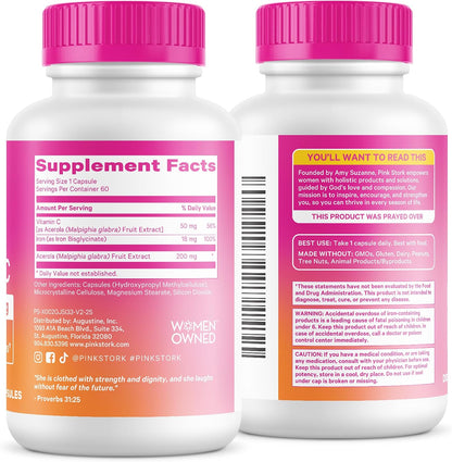 Pink Stork Iron for Women with Vitamin C, 60 Capsules, 2-Month Supply | 18 mg Chelated Iron Bisglycinate + Vitamin C, Supports Energy, Focus + Oxygen, Pregnancy, Postpartum, PMS + Perimenopause